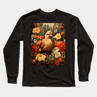 Retro Vintage Art Style Baby Chick in Field of Wild Flowers - Whimsical Farm Long Sleeve T-Shirt